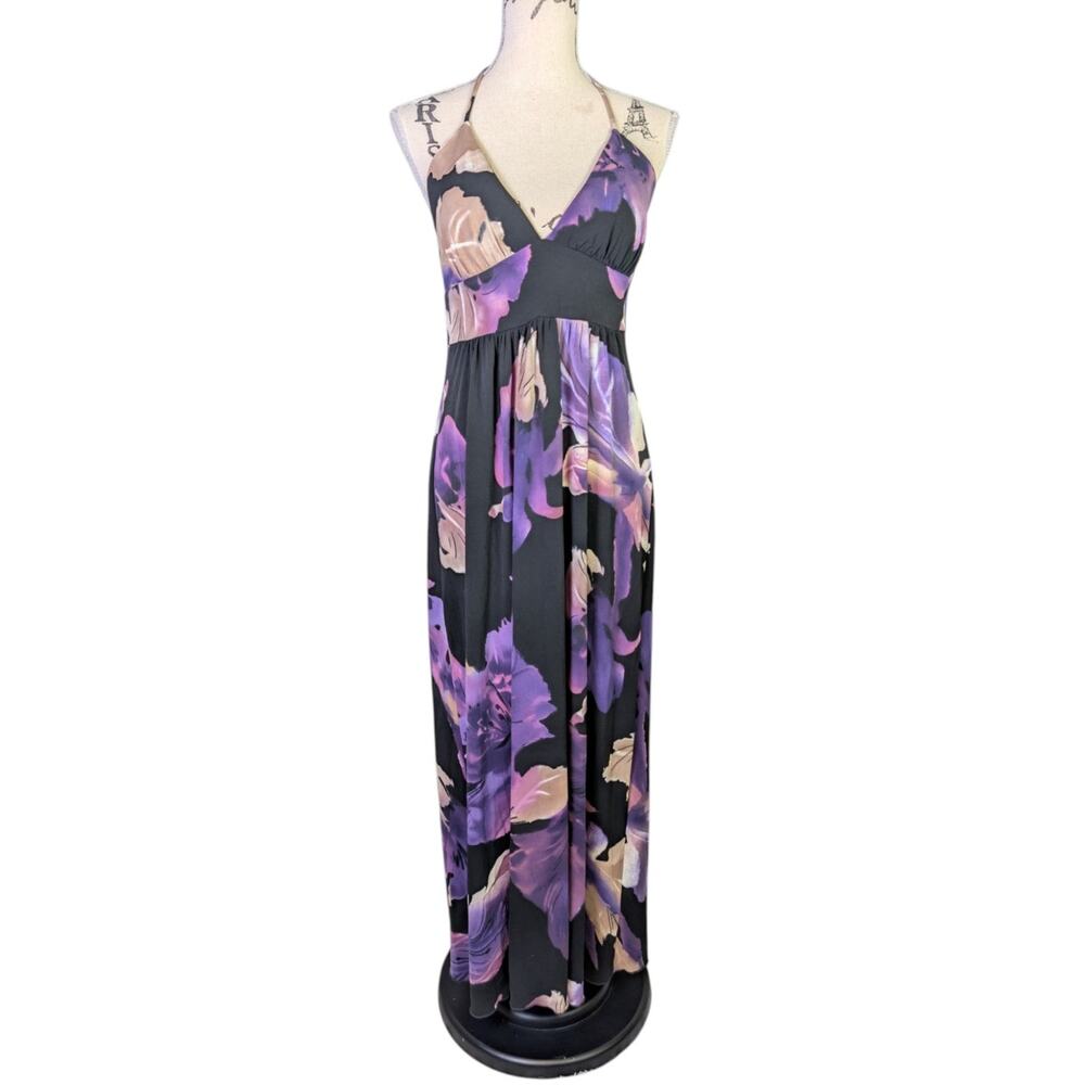 Y2K Floral Halter Maxi Dress Purple Black Fairycore Boho 2000s Glam